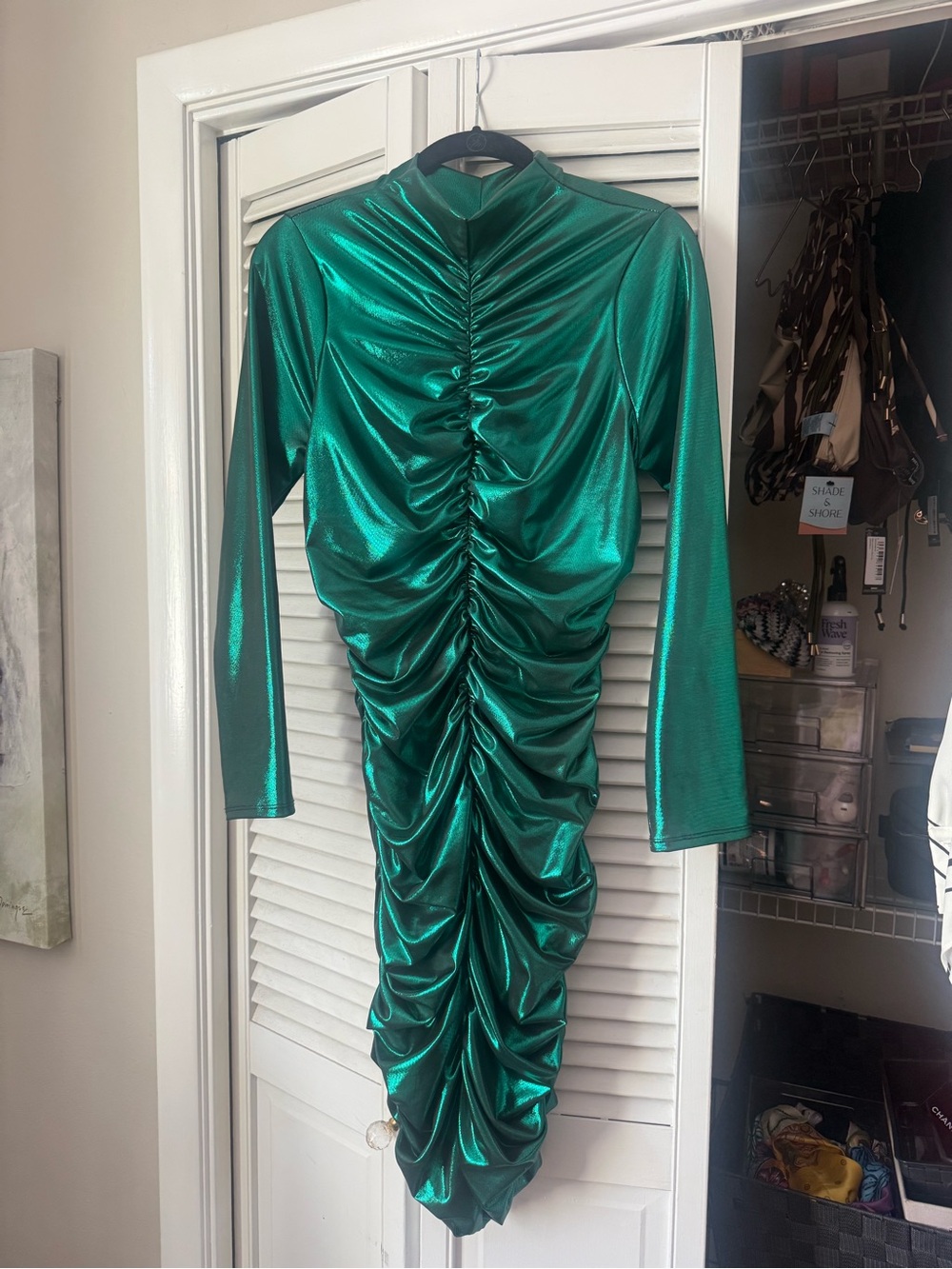 Metallic Emerald Green Long Sleeve Ruched Midi Dress